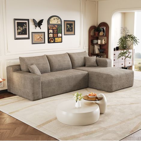 Canapé d’angle L 241 cm en tissu camel, assise profonde, sans montage, REDOM