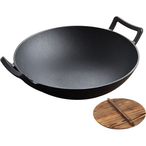 Wok en fonte robuste de 35,5 cm (14 pouces) avec couvercle en bois (2 pièces) (1/5)