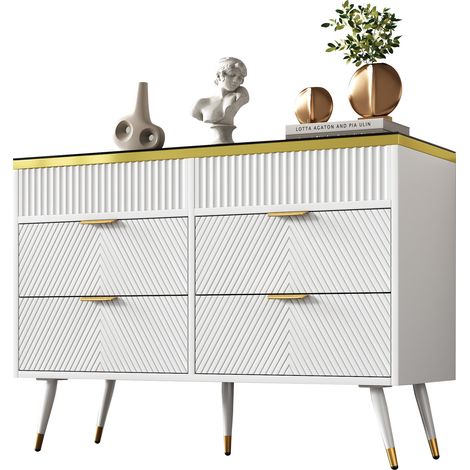 Cómoda Aparador con 6 Cajones y Separadores Extraíbles, Sistema Push, Antivuelco, en Vidrio, 120×40×76 cm, Blanco (1/5)