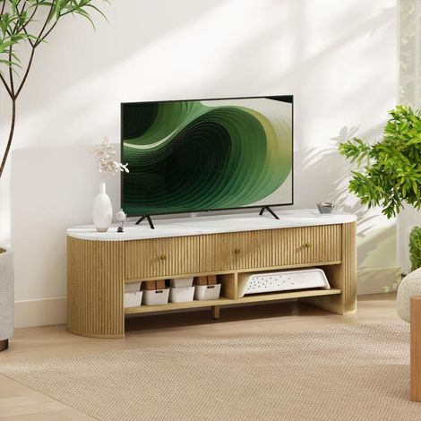 Meuble TV 140 cm, meuble télé pour téléviseur 65 pouces effet marbre 3 tiroirs façades à cannelures effet bois naturel (1/5)