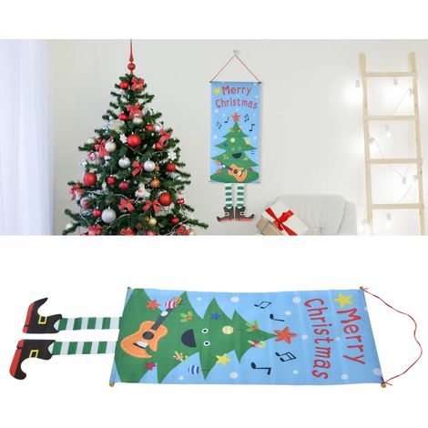 Drapeau de Porte de Noël - Bannière Suspendue pour Portes et Fenêtres - Décor Cartoon sur Toile avec Sapin et Guirlandes (1/5)