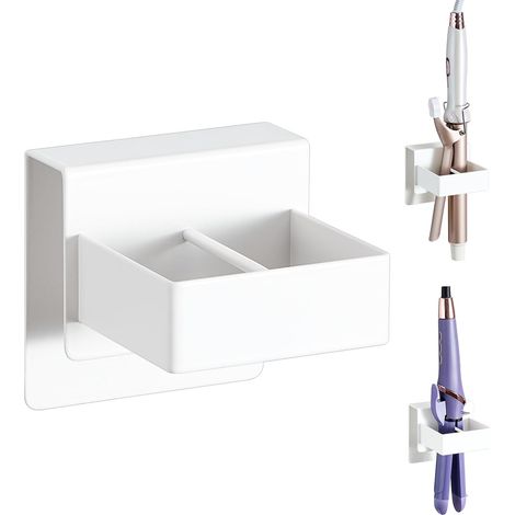 Support pour lisseur, Porte Mural pour sèche-Cheveux, Support pour Fer à friser en métallique, Porte seche Cheveux adhésif, pour salles de Bains, Salons de Coiffure et coiffeuses (Blanc) (1/5)