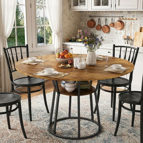SYEKLAOO–Table ronde en bois 120 cm pour 4-6 personnes, Base en métal noir,avec 1 étagère ouverte pour salle à manger, cuisine, salon, Facile à assem-Brown (1/5)