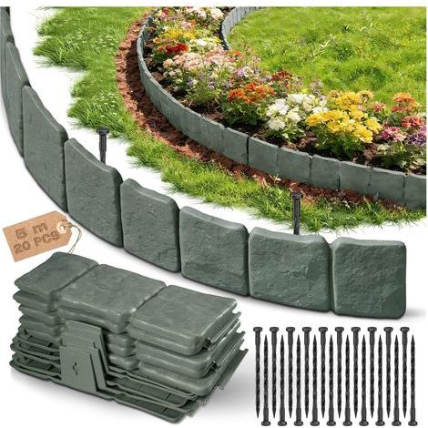 Bordure Jardin Flexible en Plastique 5m,Hauteur 10cm,Épaissie, Bordures de Jardin Exterieur Imitation Pierre,Petite Clôture pour Pelouse,Massif et Allée (1/5)