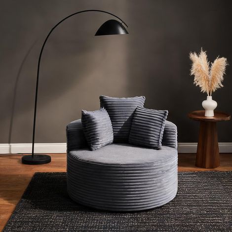 Fauteuil rond 110 cm en velours côtelé avec 3 coussins gris (1/5)