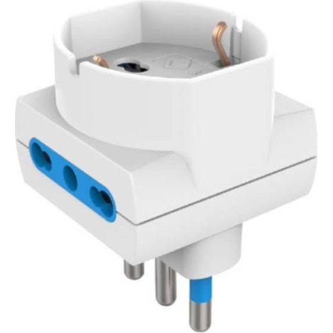 Adattatore triplo con 1 presa schuko + 10/16 A 2P+T e 2 prese laterali 10/16A 2P+T bipasso bianco
