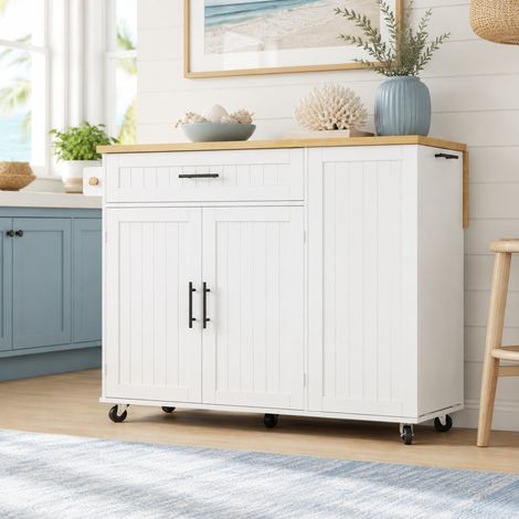 Îlot de cuisine à roulettes avec plateau relevable, meuble MDF blanc, 120 x 45 x 93,3 cm (1/5)