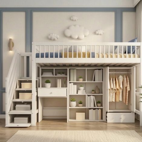 Lit enfant 90 x 200 cm, cadre de lit avec rangement, tiroirs de rangement, placard intégré, bureau intégré, échelle, bois massif, blanc (1/5)