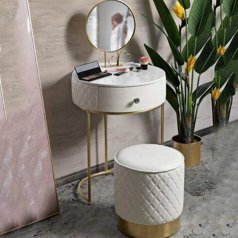 Chevet Tocantins, Commode Basse, Table de Nuit, Étagère de Chevet, 52x52 h70 cm, Blanc et Or (1/5)