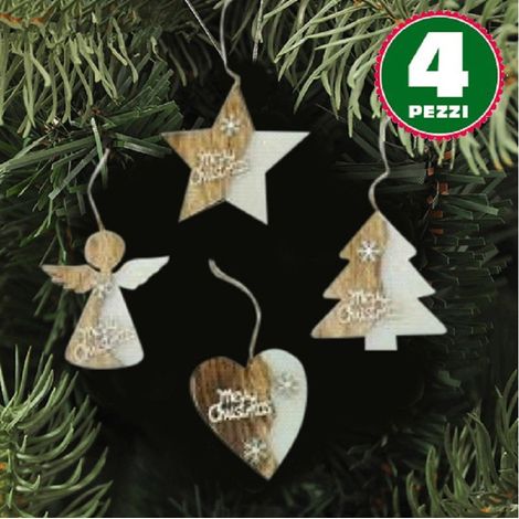 TrAdE Shop Traesio - 4 Appendini Natale In Legno Ovatta Forma Stella Albero Angelo Cuore Con Scritta Merry Christmas - (1/3)