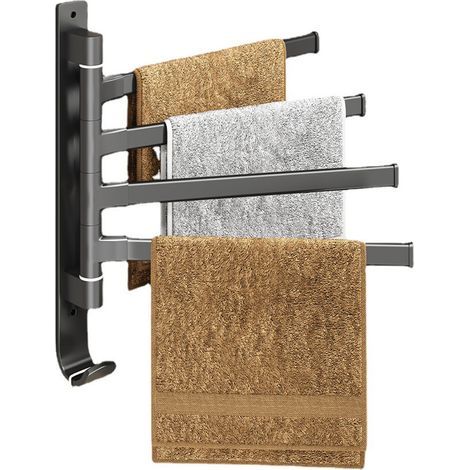 Drehbarer Handtuchhalter fürs Badezimmer, kein Bohren erforderlich, Aufbewahrungsregal aus Aluminium mit Haken, Handtuchhalter fürs Badezimmer, Handtuchstange (Schwarz, 4 Stangen) (1/5)