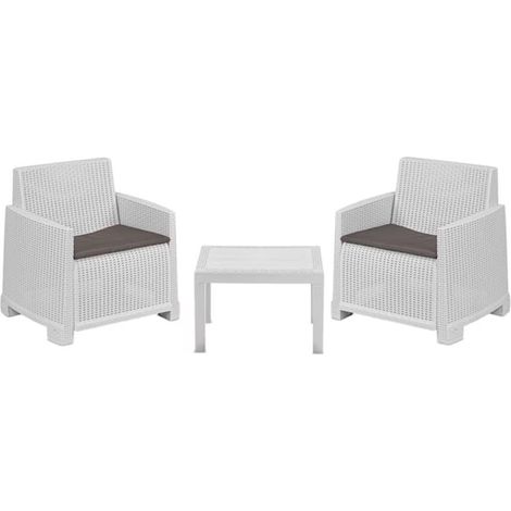 TRADE SHOP - Set Salotto Da Giardino Con 2 Poltrone Cuscini Tavolino In Polipropilene Effetto Rattan - Bianco (1/3)