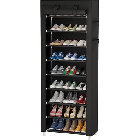 Étagère à chaussures 10 niveaux 60x30x160 cm - Armoire en tissu noir avec housse de protection - Range-chaussures pour talons, pantoufles et chaussures de sport (1/5)