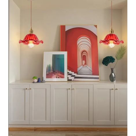 2pcs Moderne Lustre Suspension en Verre Rouge,E27 Lampe de Plafond Vintage Abat-jour Design Fleurs Rouge Plafonnier Retro,25cm (1/5)