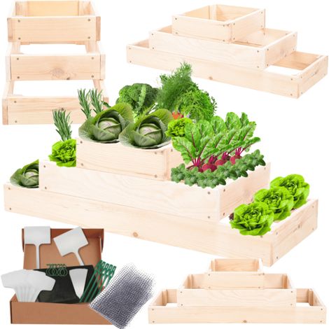 MODO24 ZP09 Carré potager surélevé en escalier modulable, bois de pin, herbes/légumes, jardin/terrasse/balcon, 27x90x30 cm, naturel