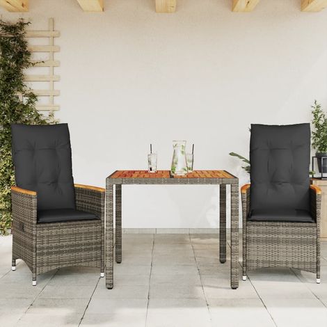 3-tlg. Bistro-Set mit Kissen Grau Poly Rattan (1/5)