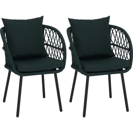 2er-Set Gartenstuhl HHG-393, Gartensessel Armlehne, Aluminium Seilgeflecht Rope Gestell schwarz, Polster grün