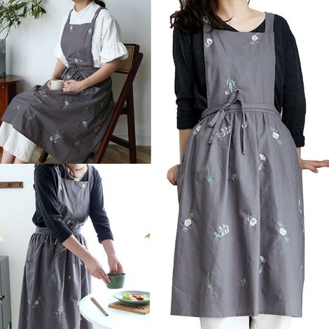 Tablier de cuisine à broderie florale, imperméable et résistant, gris foncé, idéal pour la maison et les cafés. (1/5)