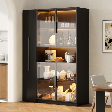 Vetrina da salotto con LED - L110xH160xP30 cm - Ripiani scorrevoli e vani portaoggetti - Design moderno - Nero (1/5)