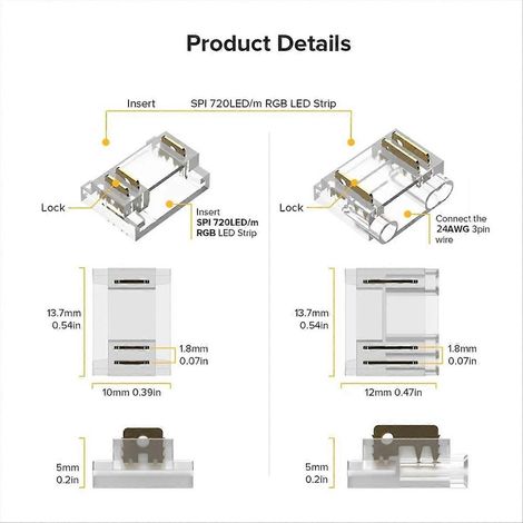 Kits de 24 connecteurs à 3 broches de 12 mm avec couvercle transparent pour connecteurs COB (1/5)