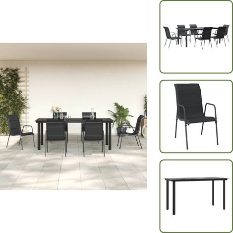 The Living Store 7-tlg. Garten-Essgruppe Schwarz Stahl und Textilene - Gartenstühle (1/5)