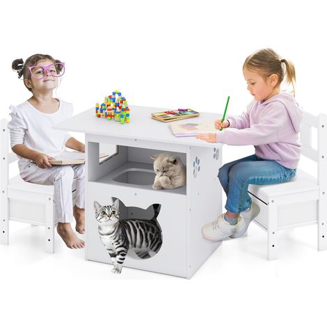 COSTWAY Kids Table and Chairs Set 3 Pieces Wooden Children Furniture-White