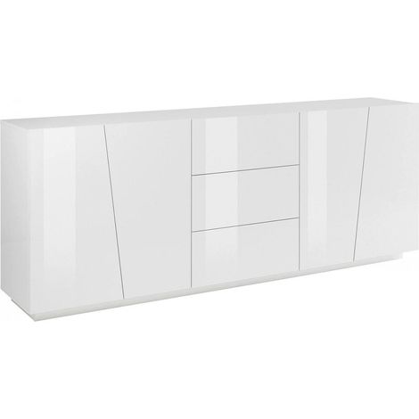 Dmora Credenza moderna a 4 ante e 3 cassetti, Made in Italy, Madia da cucina, Buffet di design da soggiorno, cm 220x43h86, colore Bianco lucido, con imballo rinforzato (1/4)