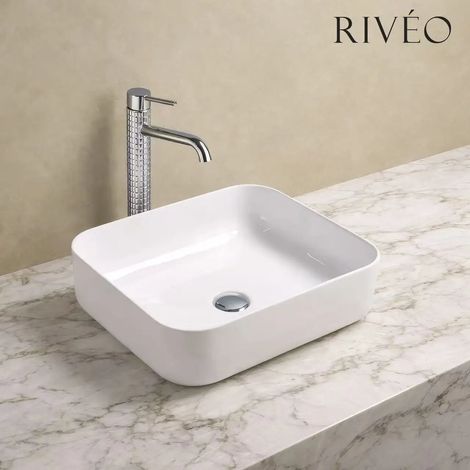 Riveo – Vasque à poser rectangulaire blanche 50 × 40 cm – Avec bonde chromée incluse (1/2)
