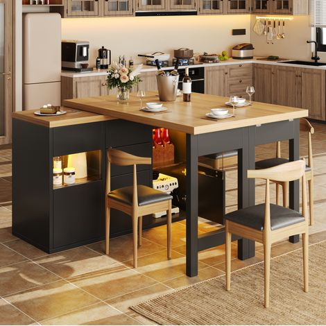 Isola cucina centrale 120-197x40 cm con piano rotante 360掳, LED RGB, 4 cassetti, ante in vetro, MDF nero (1/5)