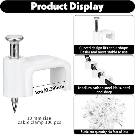 Flat Cable Ties with Steel Nail 10mm Cable Ties Wall Mount Cable Holder White (1/4)