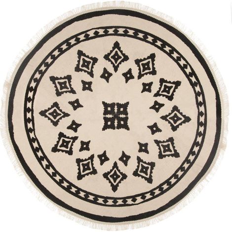 Atmosphera – Tapis rond frangé ethnique en coton et polyester – Diamètre 90 cm – Motif noir sur fond écru – Conception résistante pour usage quotidien (1/10)