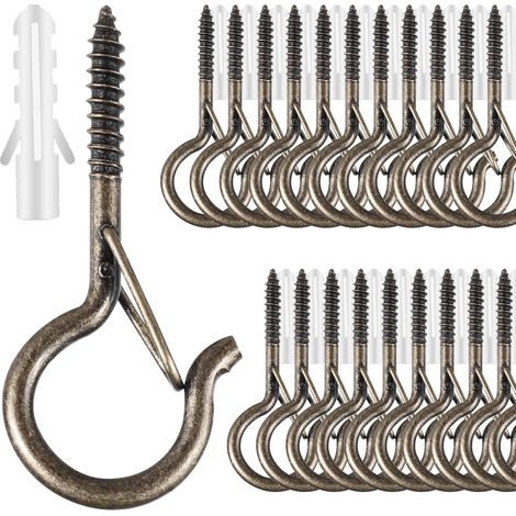 25 ganchos atornillables para guirnaldas de luces exteriores, ganchos giratorios para cestas colgantes, ganchos para luces de patio, ganchos para macetas, hebilla de seguridad, pared, techo, bronce. (1/5)