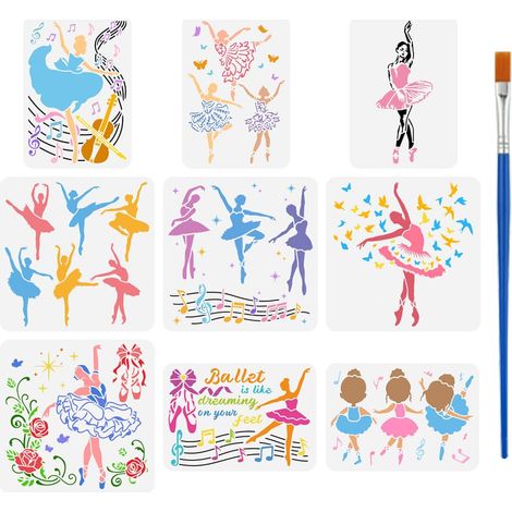 9Pcs Pochoir de Ballerines à Peindre Au Pinceau A4/30cm Réutilisable Modèle de Danseuse de Ballet Pochoir de Note de Musique Modèle de Personnage en Plastique PET pour Décoration (1/5)