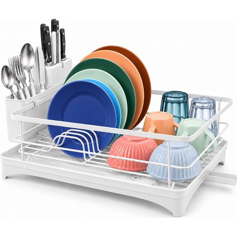 Relaxdays Dish Drainer, Cutlery Basket, Drip Tray with Drain, HWD: 21 x 43 x 29.5 cm, Metal, Plastic, White (1/5)