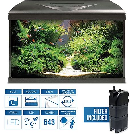 Amtra Acquario System Tank V2 - Acquario completo in vetro 60 Litri, Luce Led 9 Watt e Pompa Filtro inclusi, acqua dolce o salata, Nero, 60x32x42 CM (1/3)