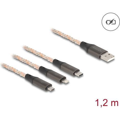 Delock Cable de carga USB RGB 3 en 1 Tipo-A a Lightningâ¢ / Micro USB / USB Type-Câ¢â¢ 1,20 m