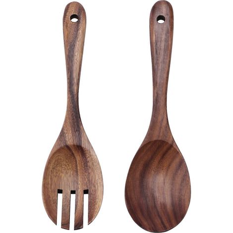 Service à salade en bois d'acacia pour ustensiles de cuisine antiadhésifs, 2 pièces (1/5)