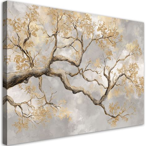 Quadro su tela, Rami di alberi fioriti in un'elegante composizione beige. - 100x70 (1/2)