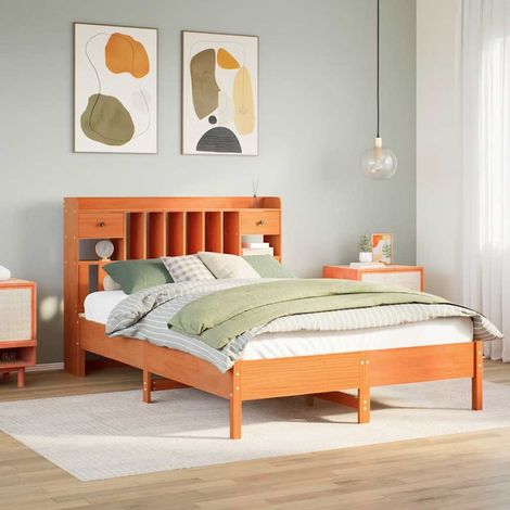 Lit bibliothèque sans matelas cire marron 160x200 cm pin massif