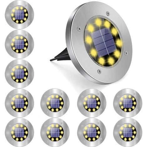 Lampes solaires de sol - Lot de 12 lampes solaires étanches à 10 LED pour trottoir et jardin. (1/5)