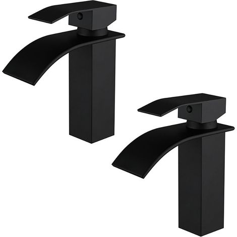 Lot de 2 robinets de salle de bain mitigeur lavabo en laiton finition peinture noire – Design cascade – Hauteur 19cm – Économie d'eau 30% – Ideko (1/5)