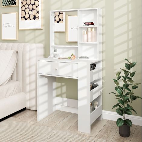 Coiffeuse blanche avec miroir, tiroir et rangement latéral 3 niveaux, en panneau de particules (1/5)