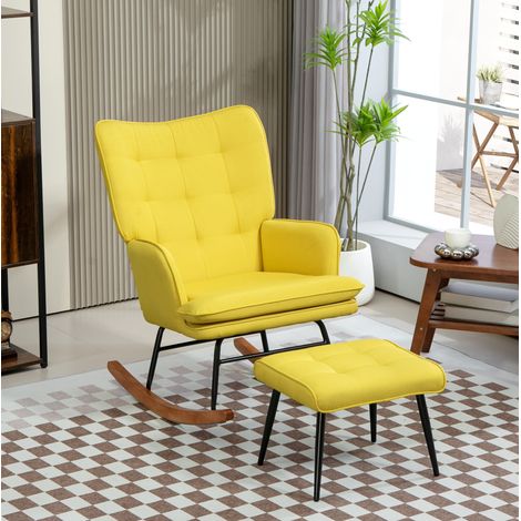 Sillón mecedora con reposapiés de poliéster amarillo, estructura de acero y haya, 64 x 89 x 90 cm (1/5)