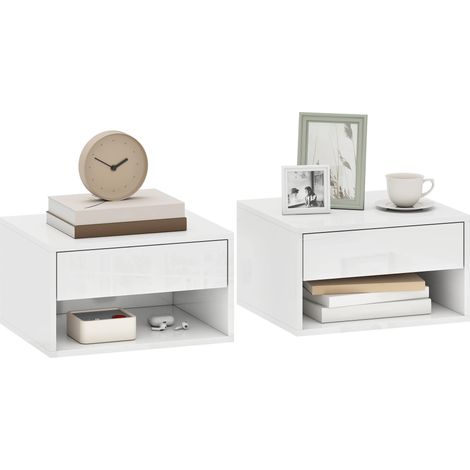 Lot de 2 tables de chevet murales, tables de nuit, tiroir, compartiment ouvert, plateau, 37 x 32 x 21 cm, blanc (1/5)