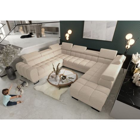 Wohnlandschaft Schlafsofa BASTIEN XL in Stoff Aragon Creme Ottomane Rechts