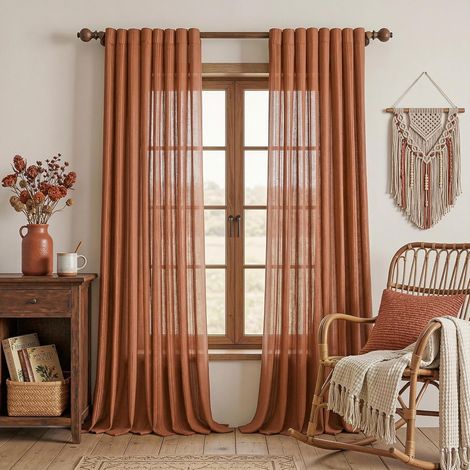 Terracotta Rideau Lin Voilage Automne Vintage Boheme-Rideaux Salon Moderne Tissé Ajouré Chambre Adult Enfant Dressing Bureau Nordique Rustic Scandinave Semi Translucide Tamisant Oeillet 140x245cm 2PC (1/5)