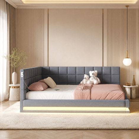 Divano letto 160x200 cm con striscia LED, porta USB, rete a doghe, lino grigio (1/5)
