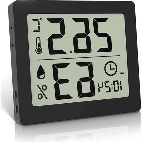 Termometro e igrometro digitale LCD da 32 pollici di grandi dimensioni, igrometro e orologio (nero), termometro e igrometro da tavolo con indicazione della temperatura. (1/5)