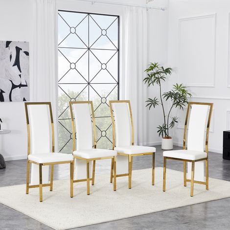 Chaises de salle à manger minimalistes européennes avec bordure dorée. Simili cuir blanc + cadre en métal doré brillant, 109 cm de haut, pour utilisations polyvalentes comme salle à manger, bureau, et
