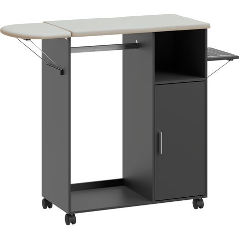 Mobile Asse da Stiro 127x42.5x99 cm con Piano d'Appoggio Effetto Lino 3 Ripiani a Cubo e Guida Nero (1/5)